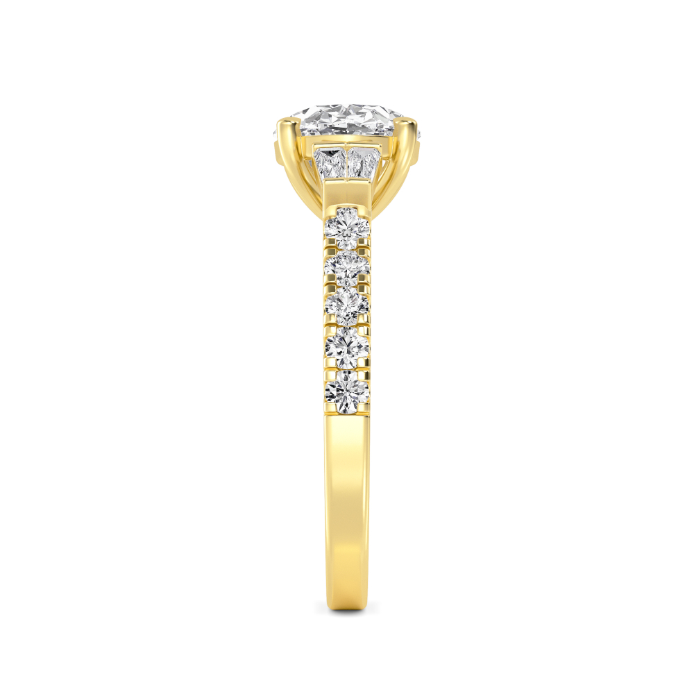 Lorelei, East-West Oval, Tapered Baguette Sides, Pavé Band in Yellow Gold, oval, plain background, alternate view