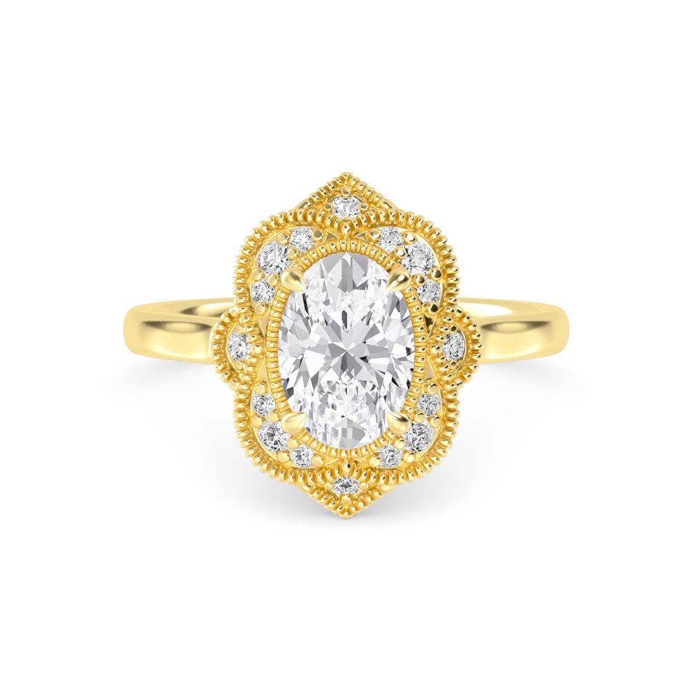 Maren, Oval Halo with Milgrain, Plain Band in Yellow Gold, oval, plain background