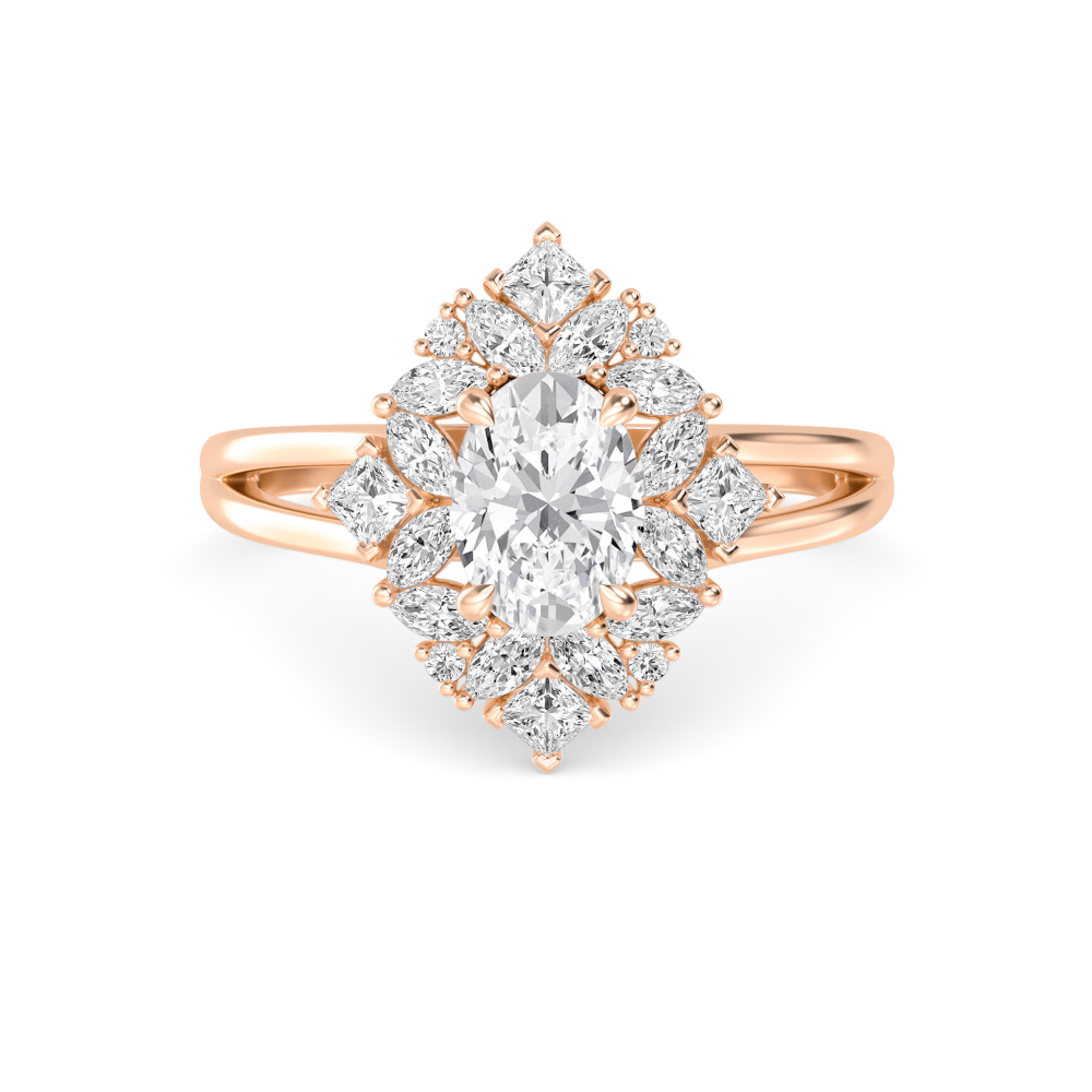 Thalia, Oval Cluster of Marquises, Princess Cuts and Rounds, Split Band in Rose Gold, oval, plain background