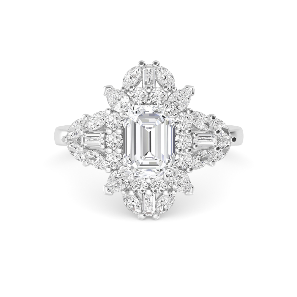 Valerie, Emerald Cut Cluster of Baguettes, Marquises and Rounds in White Gold, emerald, plain background