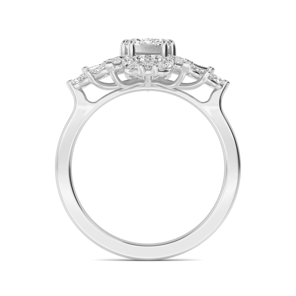 Valerie, Emerald Cut Cluster of Baguettes, Marquises and Rounds in White Gold, emerald, plain background, alternate view