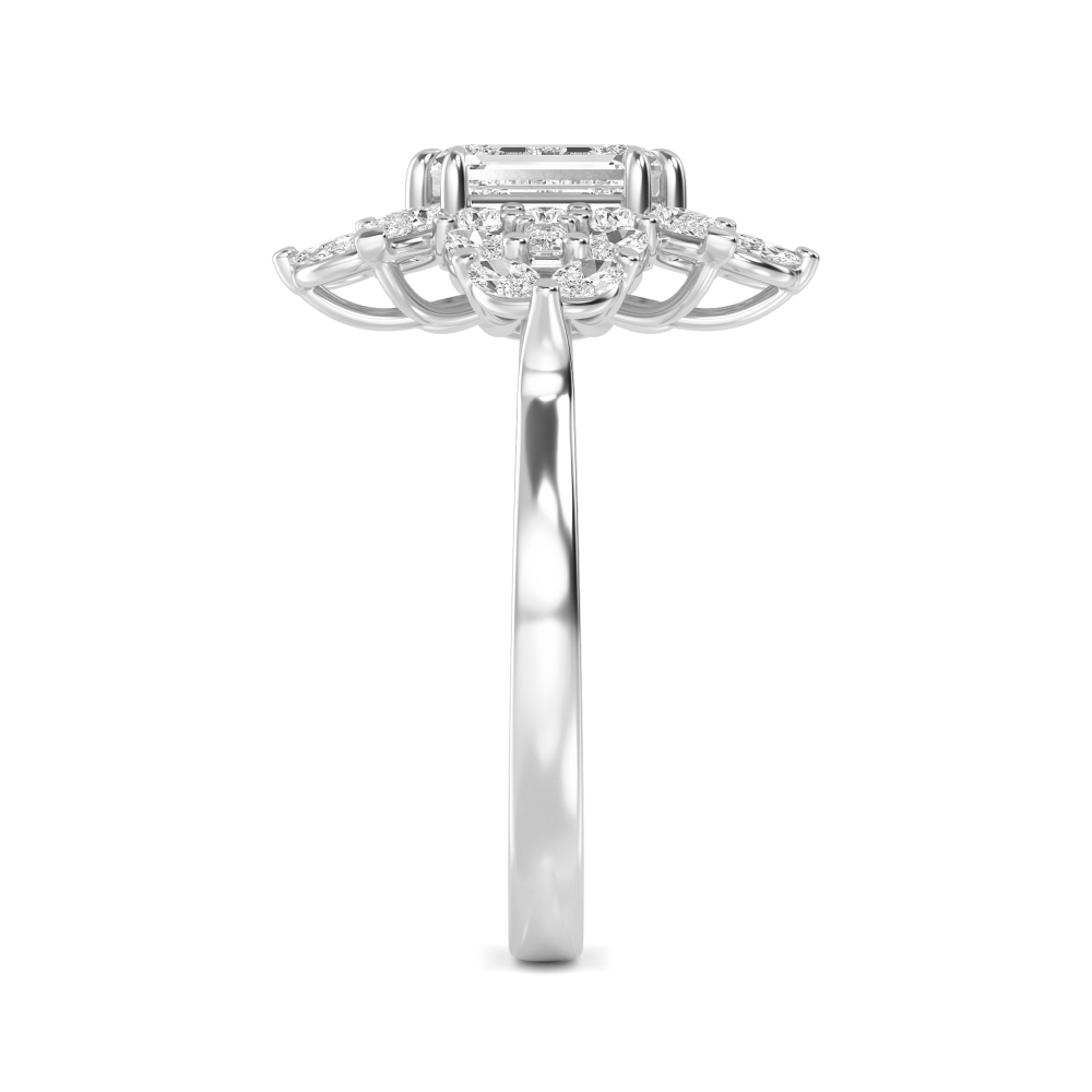 Valerie, Emerald Cut Cluster of Baguettes, Marquises and Rounds in White Gold, emerald, plain background, alternate view