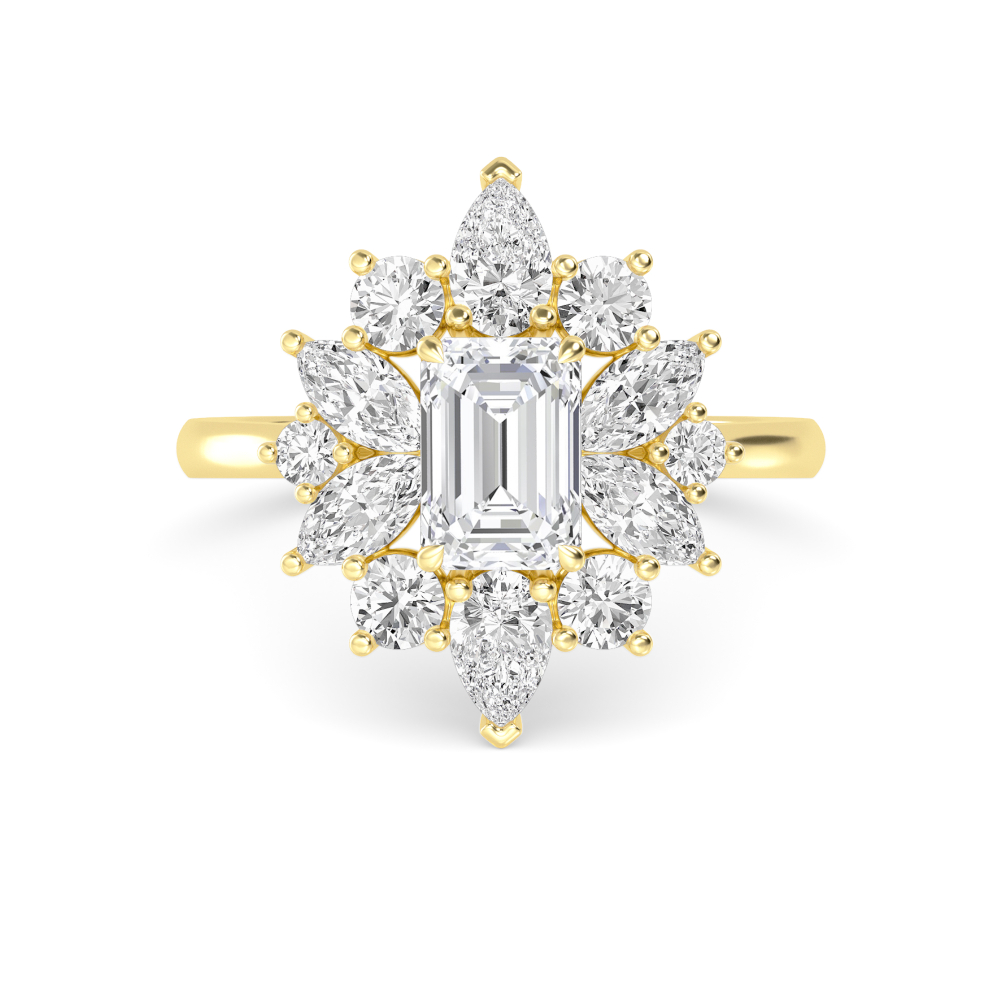 Xenia, Emerald Cut Cluster of Pears, Marquises and Rounds in Yellow Gold, emerald, plain background