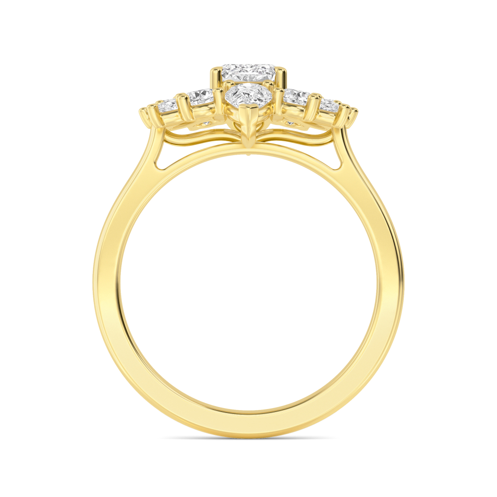 Xenia, Emerald Cut Cluster of Pears, Marquises and Rounds in Yellow Gold, emerald, plain background, alternate view