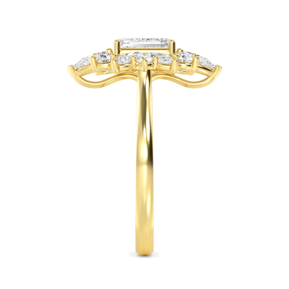 Xenia, Emerald Cut Cluster of Pears, Marquises and Rounds in Yellow Gold, emerald, plain background, alternate view