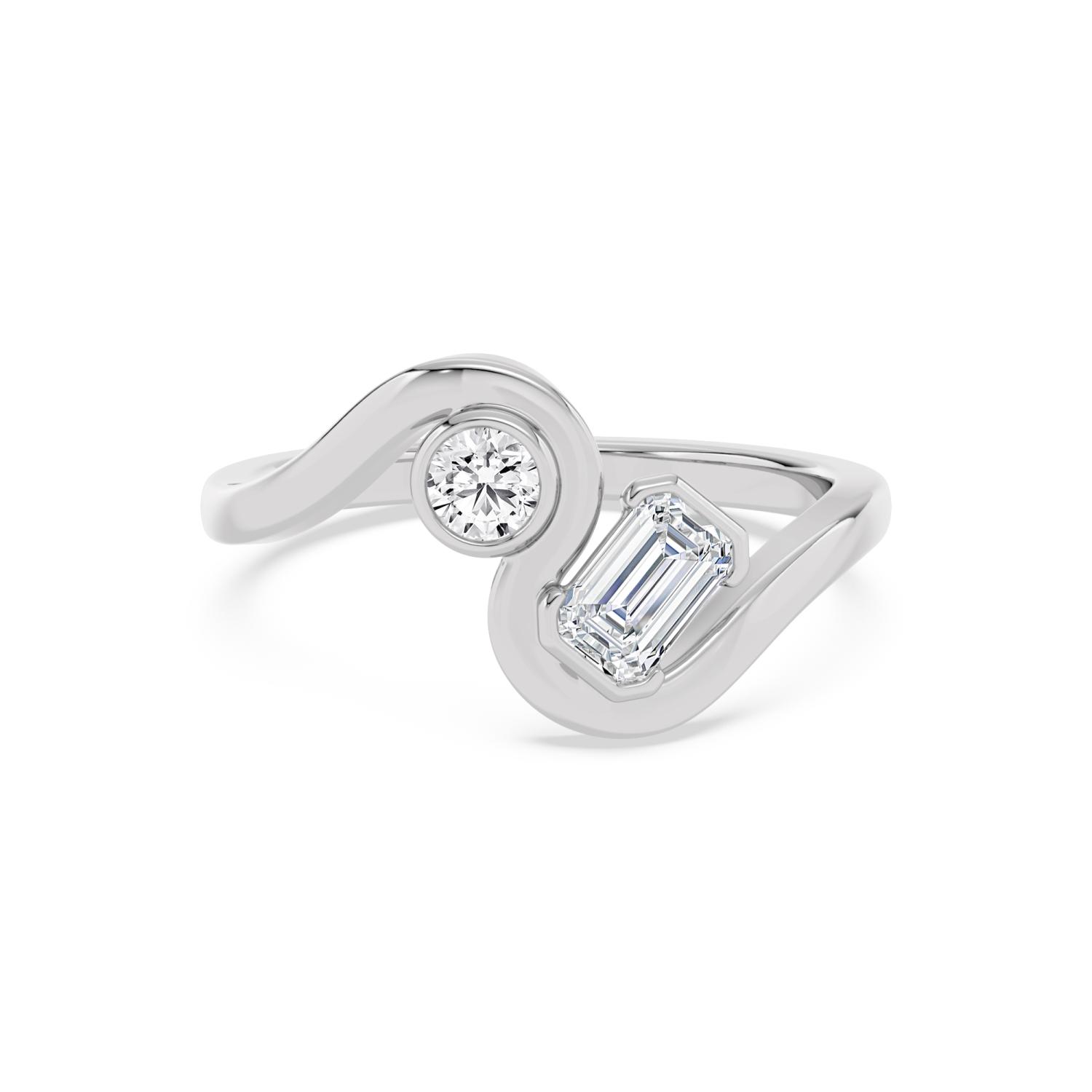 Emmeline, Bypass Ring with Round and Emerald Cut in White Gold, round, plain background