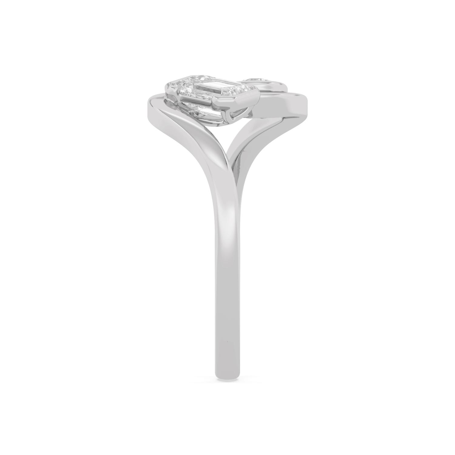Emmeline, Bypass Ring with Round and Emerald Cut in White Gold, round, plain background, alternate view