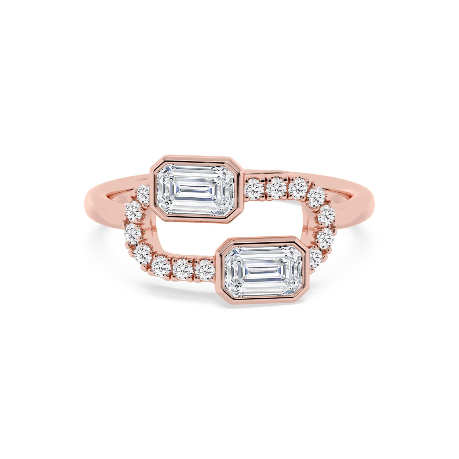 Jacqueline, Pavé Loop Ring with Two Emerald Cuts in Rose Gold, emerald, plain background