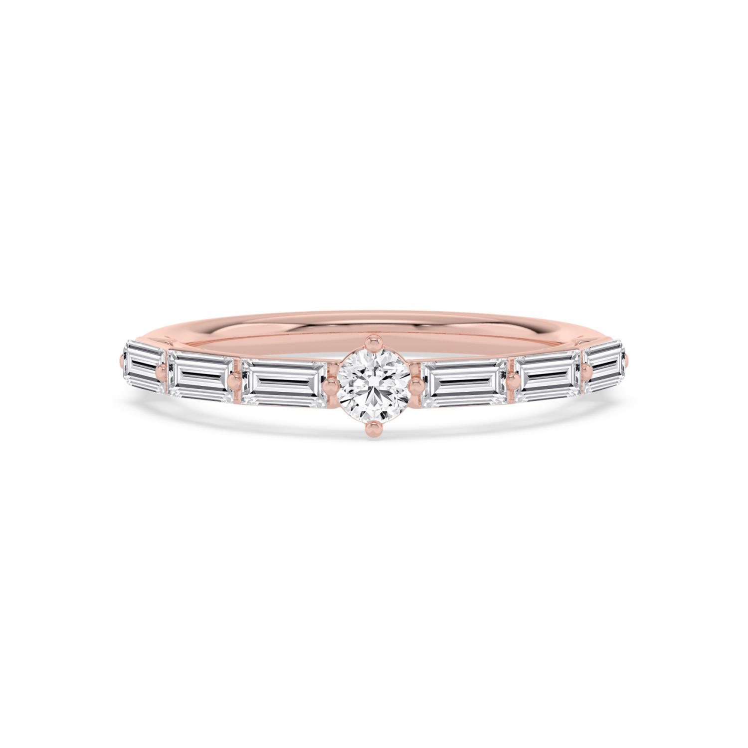 Nicolette, Baguette Band with a Round at the Centre in Rose Gold, round, plain background