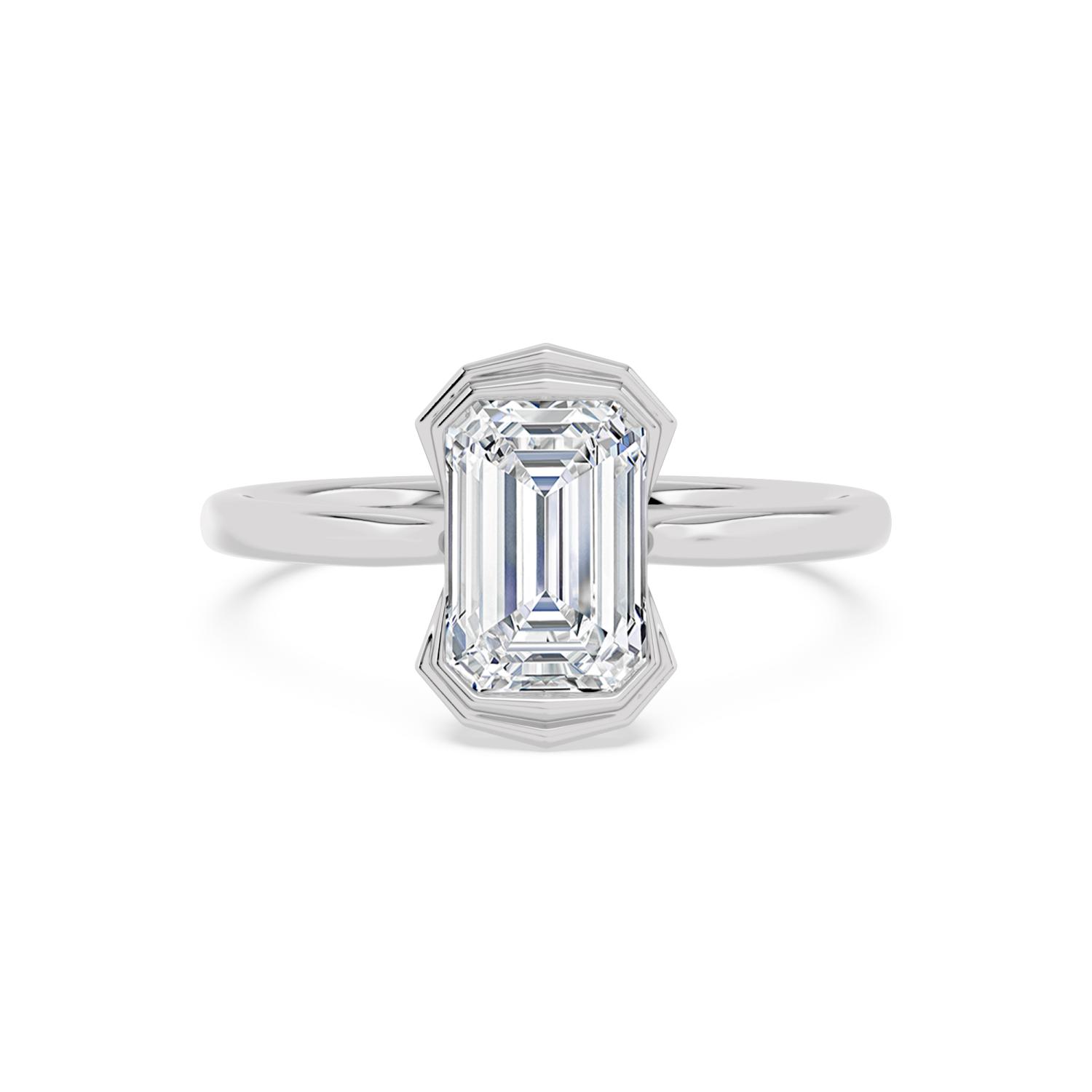 Alessia, Emerald Cut Bezel Solitaire, Fine Band in White Gold, emerald, plain background